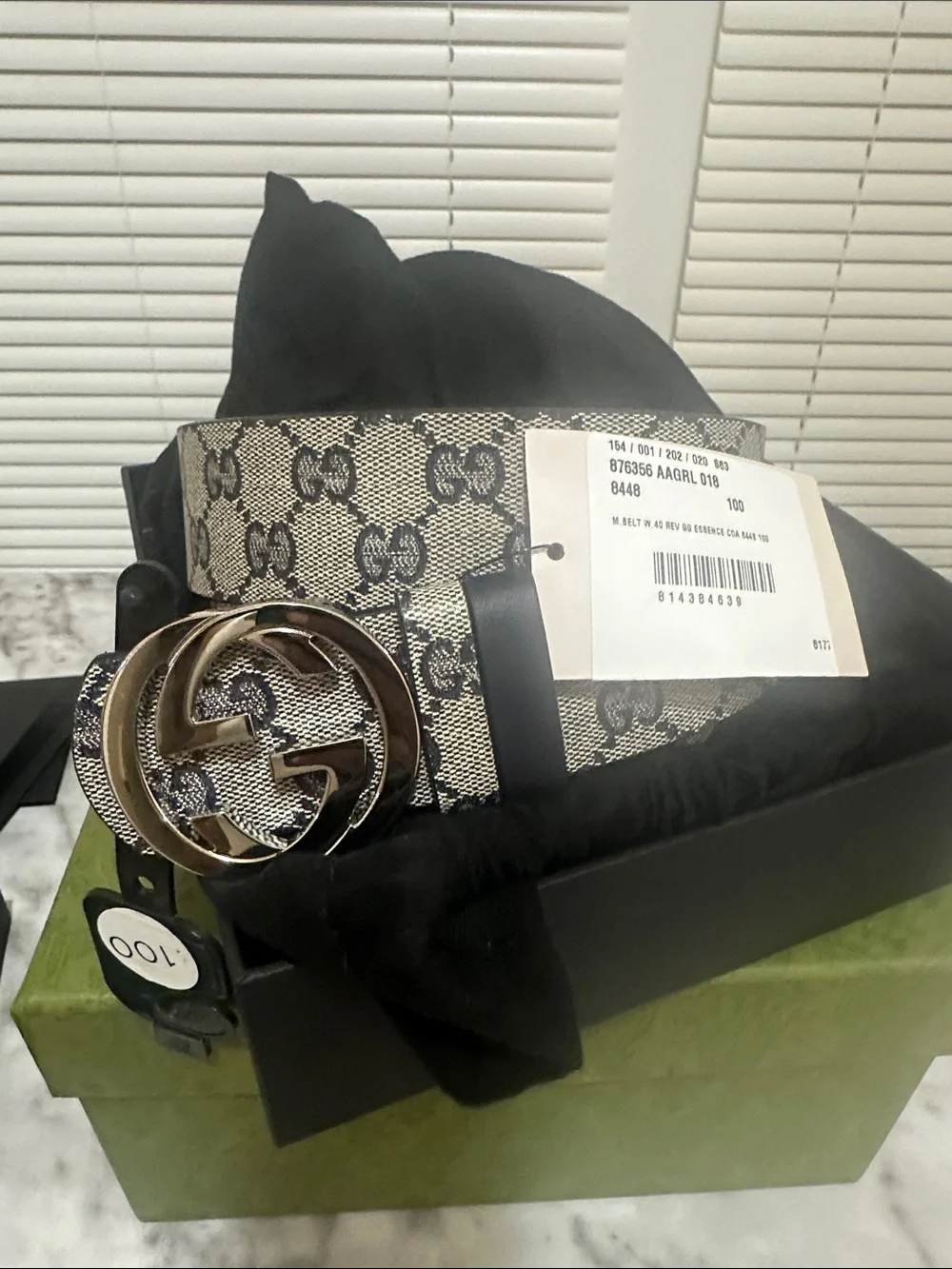 Gucci Beige/Black GG Canvas Belt with Gold Interlocking G Buckle